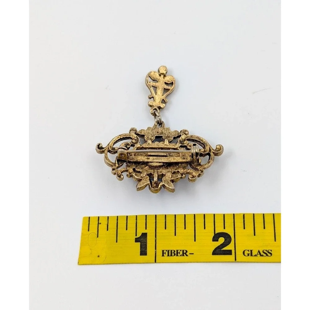 Vintage Blue Cabochon Brooch‎ Gold Tone Dangle Ornate Victorian Revival